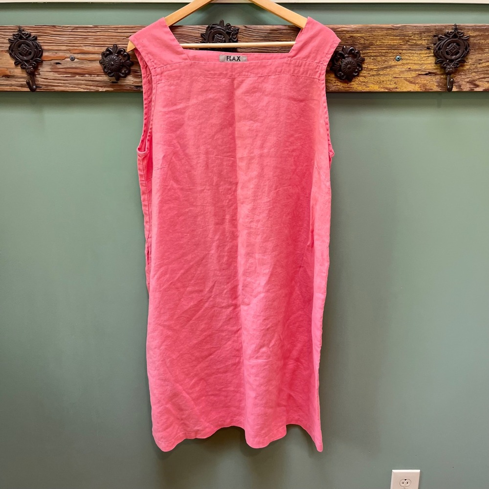 FLAX Womens Pink 100% Linen Sleeveless Square Neck Shift Dress Pockets Large